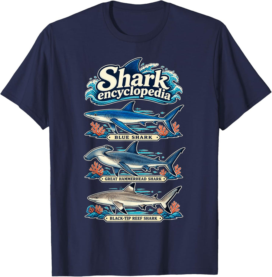 Shark Encyclopedia Blue Shark Great Hammerhead Shark T-Shirt - Navy Blue