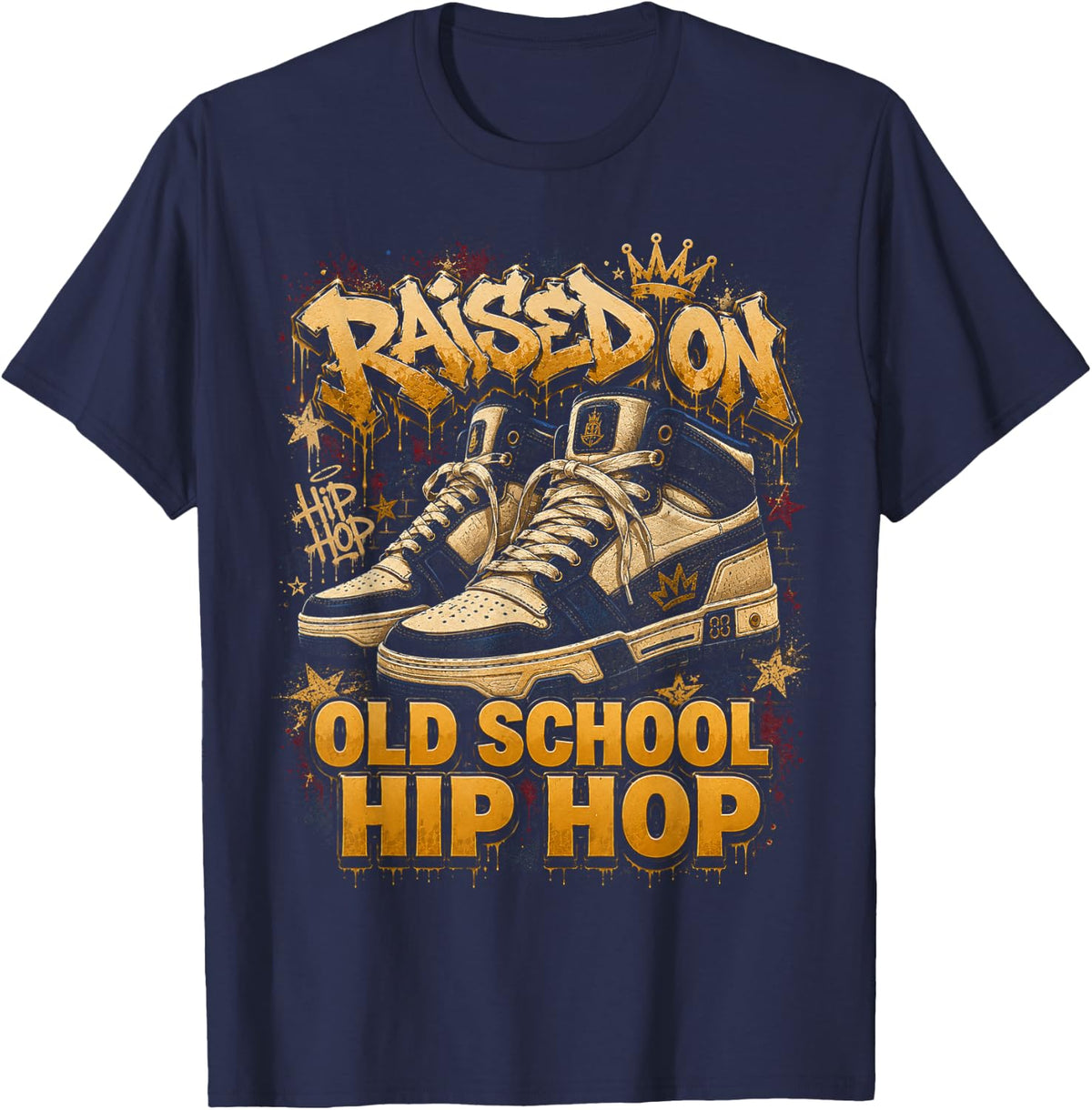 Raised On Old School Hip Hop Cassette Graffiti Rap T-Shirt - Navy Blue