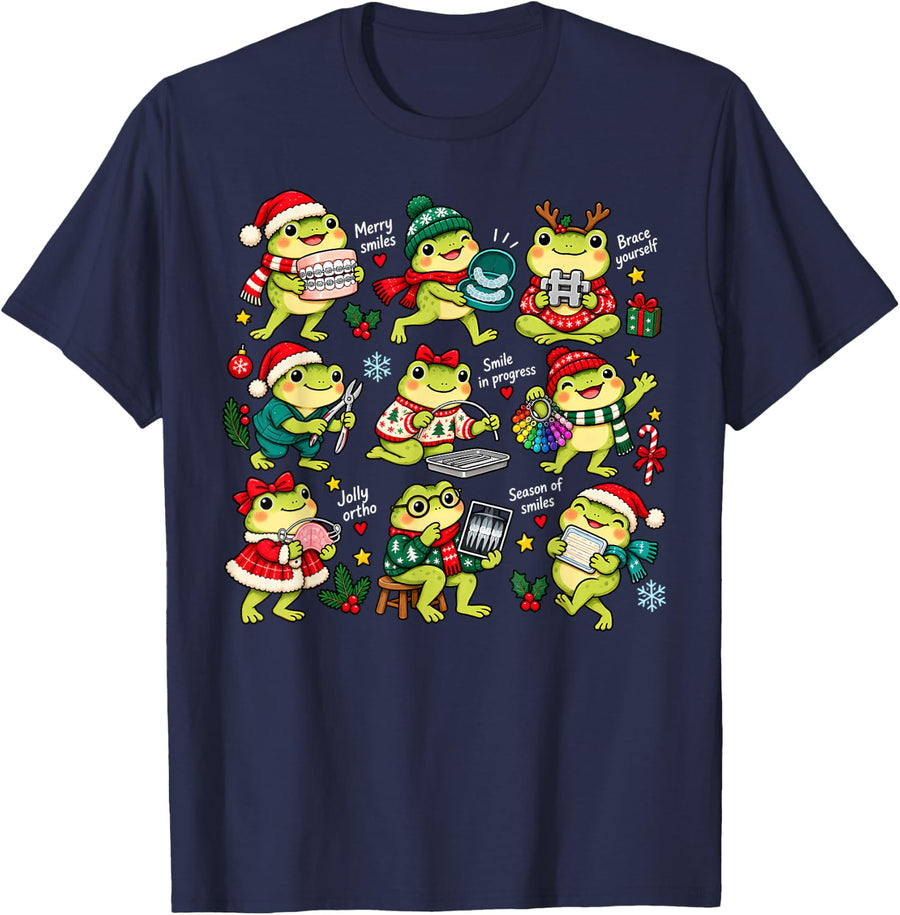 Funny Christmas Dental Frog Orthodontic Assistant Dentist T-Shirt - Navy Blue