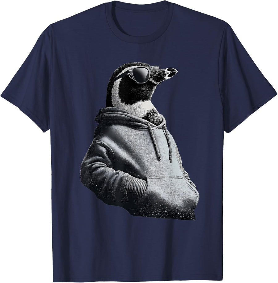 Penguin with Sunglasses Motif Sea Ocean Penguin Animal Lover T-Shirt - Navy Blue