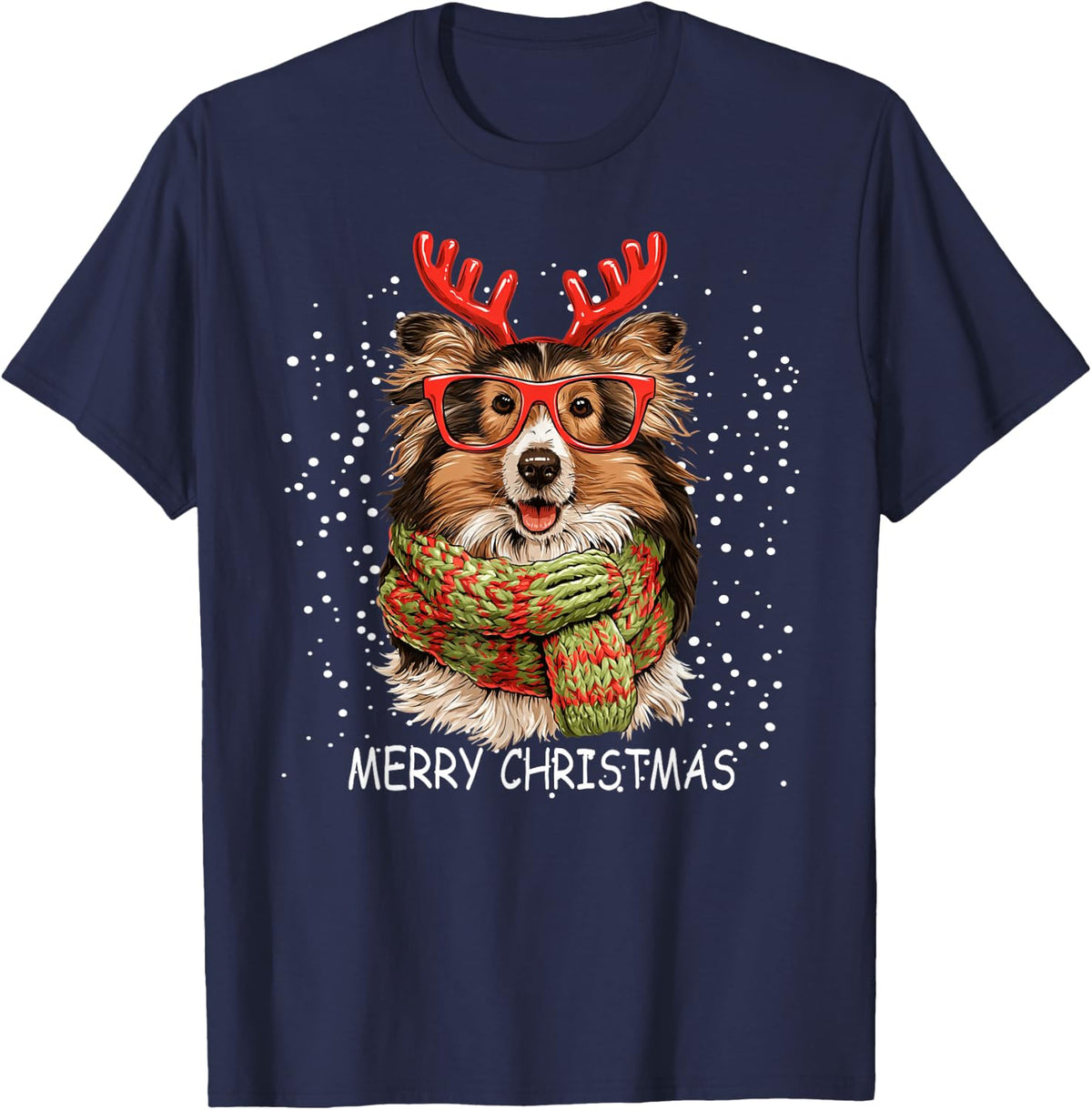 Shetland Sheepdog Dog Reindeer Red Nose Christmas T-Shirt - Navy Blue