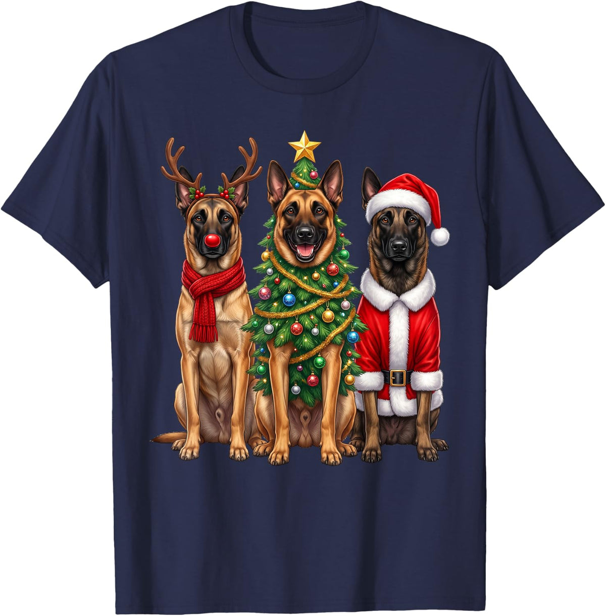 Retro Christmas Belgian Malinois Santa Reindeer Dog Lover T-Shirt - Navy Blue