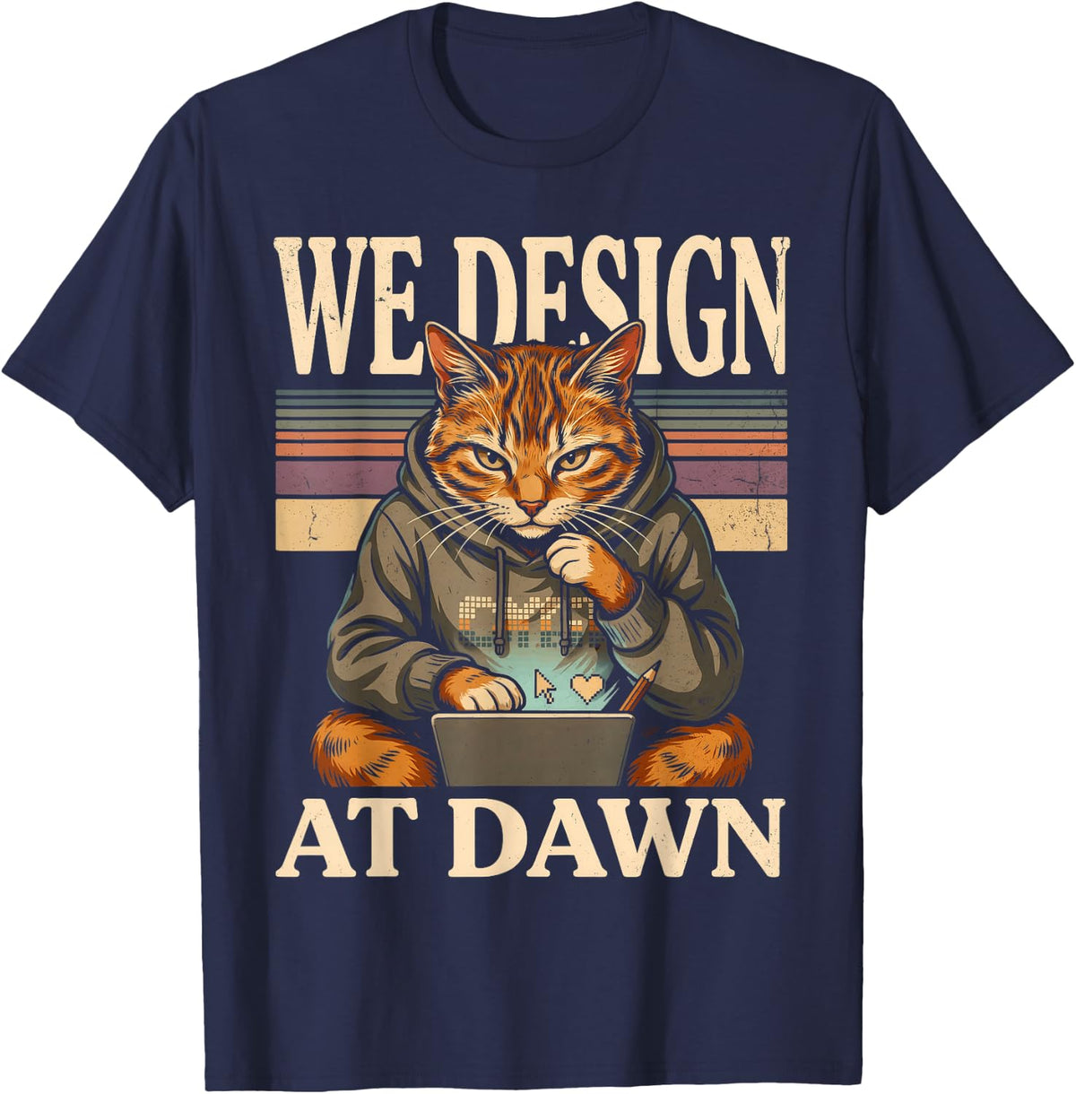 We Design At Dawn Coding Cat Programmer Humor T-Shirt - Navy Blue
