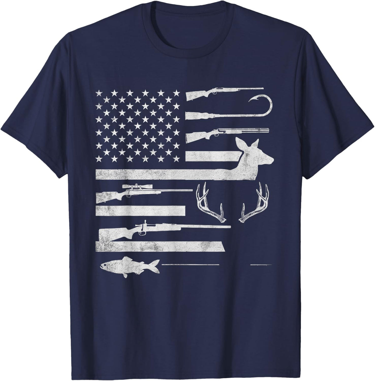 Fishing Flag Deer Buck Hunting Vintage Fathers Day T-Shirt - Navy Blue