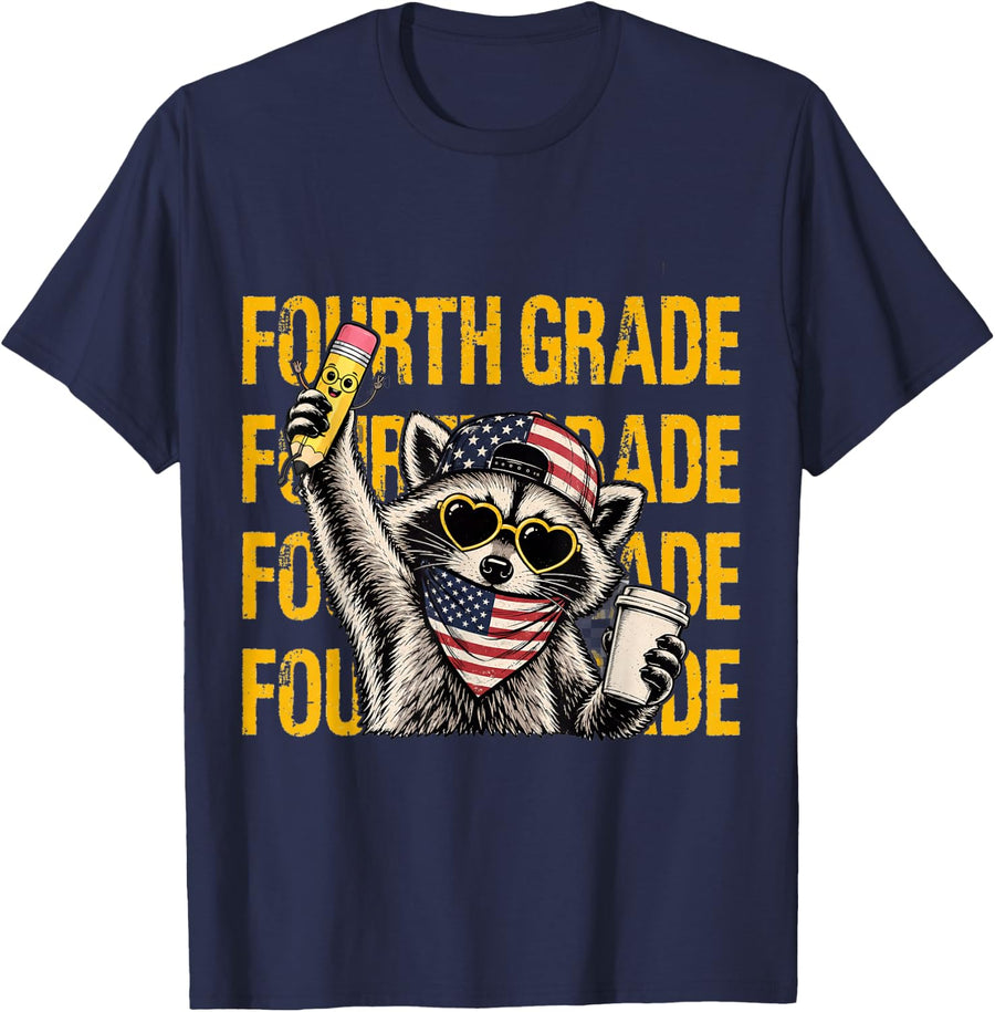 Fourth Grade Teacher Feral Raccoon First Day of School T-Shirt - Navy Blue