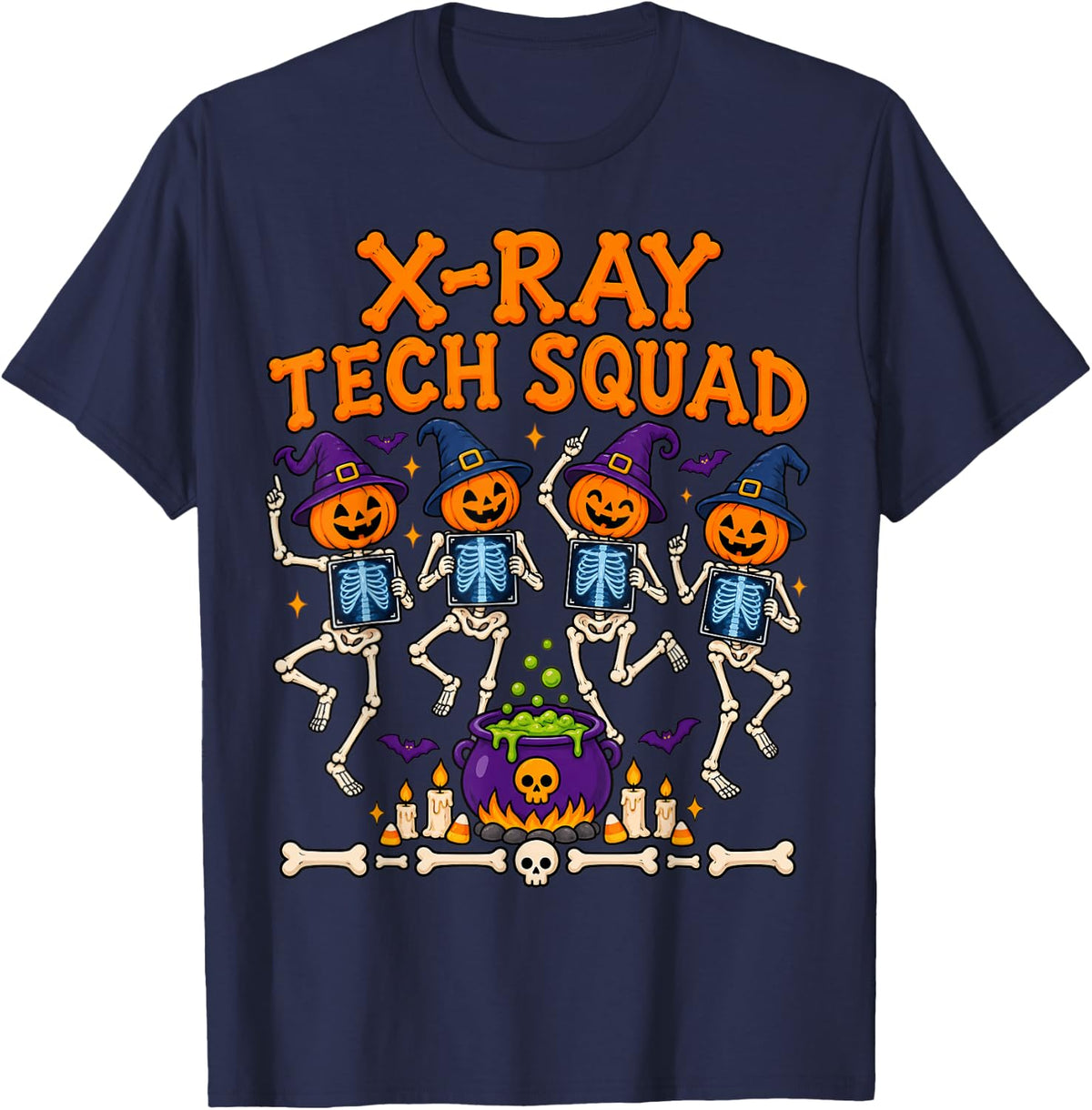 X-Ray Tech Squad Dancing Skeleton Funny Halloween Party T-Shirt - Navy Blue