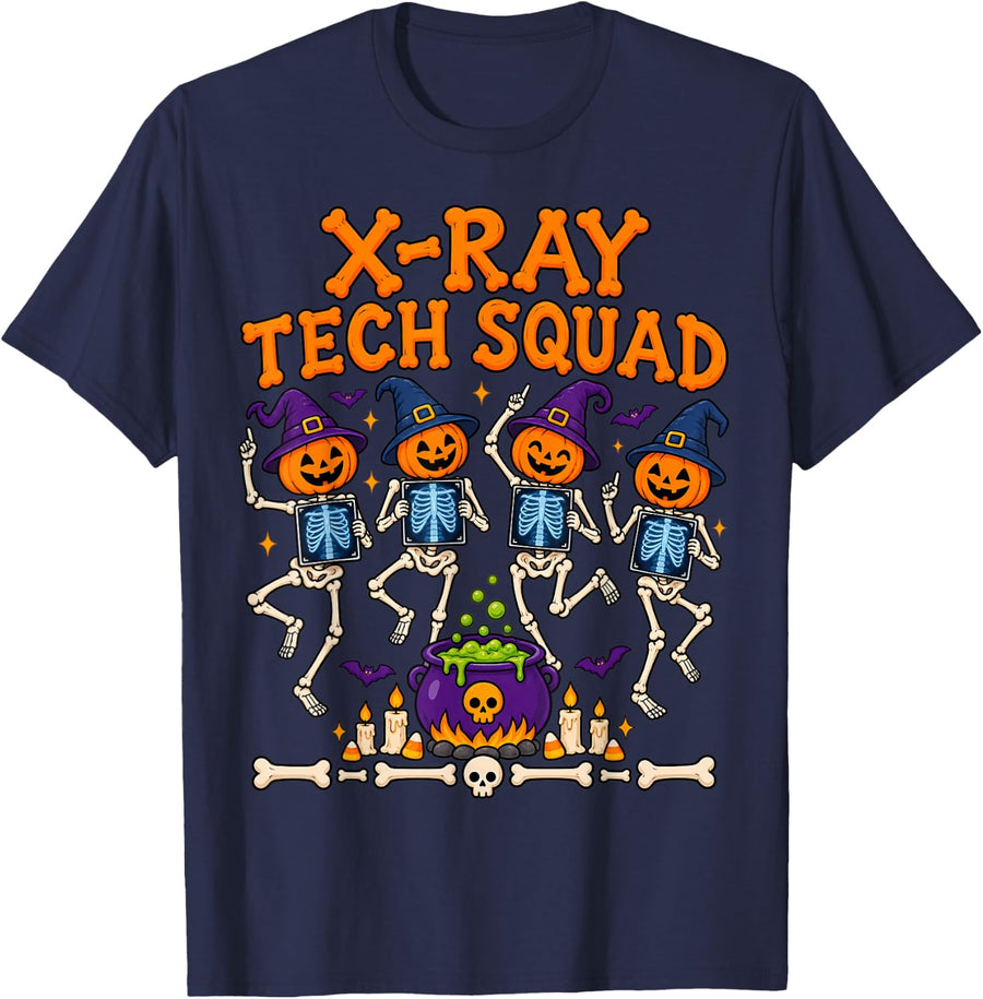 X-Ray Tech Squad Dancing Skeleton Funny Halloween Party T-Shirt - Navy Blue