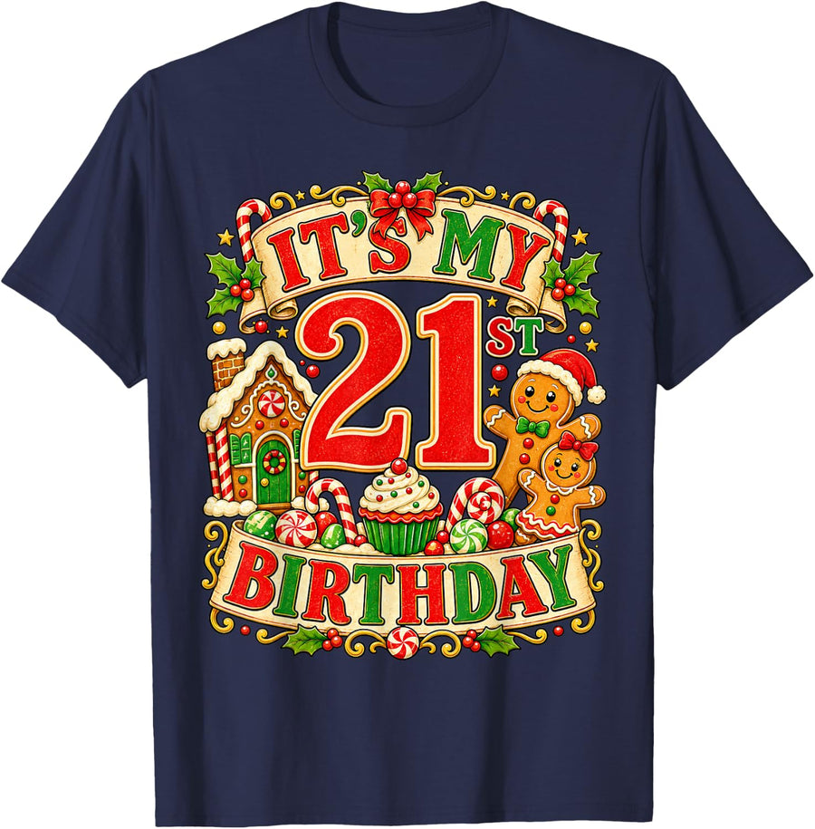 It's My 21st Birthday Christmas Gingerbread 21 Years Old T-Shirt - Navy Blue