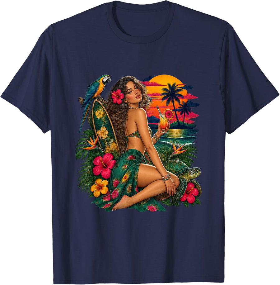 Tropical Summer Girl with Parrot and Turtle T-Shirt - Navy Blue
