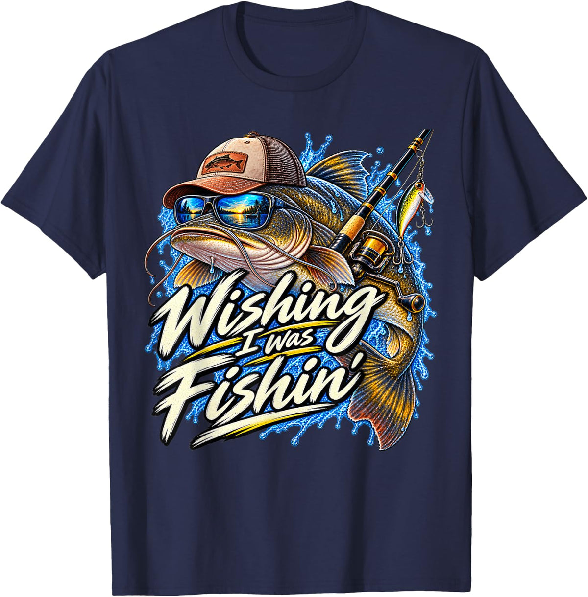 Wishing I was Fishing Catfish Lake Sea Funny Fisherman Fish T-Shirt - Navy Blue