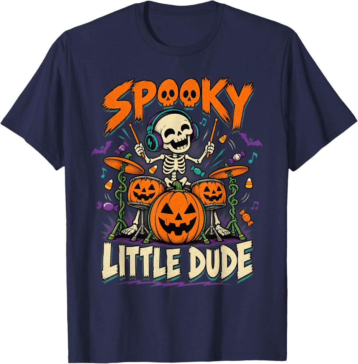 Spooky Little Dude Halloween Drummer Skeleton T-Shirt - Navy Blue