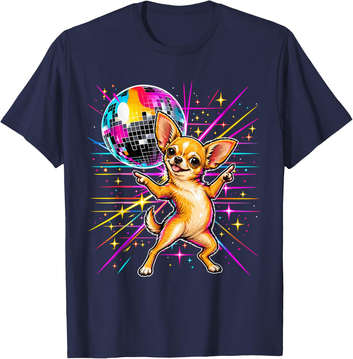 Funny Disco Chihuahua Dancing Retro 70s Dog T-Shirt - Navy Blue