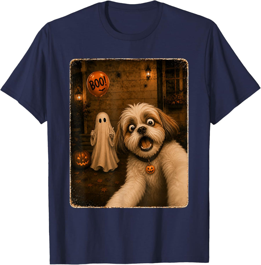 Shih Tzu Dog Ghost Selfie Boo Balloon Halloween Costume T-Shirt - Navy Blue