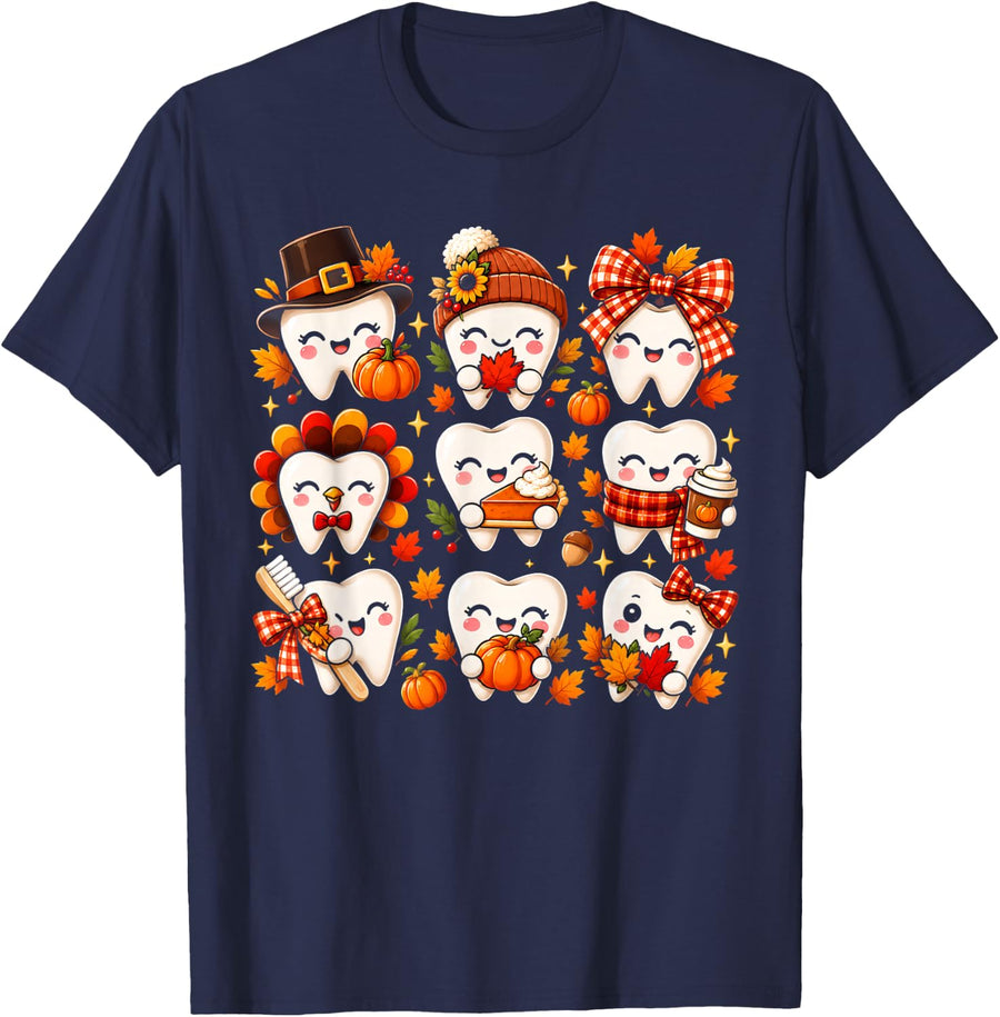 Dental Hygienist Assistant Dentist Tooth Pumpkin Bow Leaves T-Shirt - Navy Blue