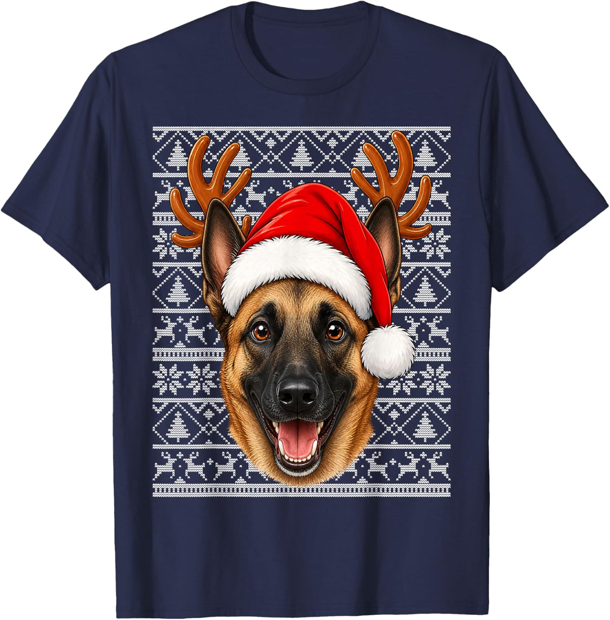 Belgian Malinois Dog Christmas Santa Hat Ugly Sweater Xmas T-Shirt - Navy Blue