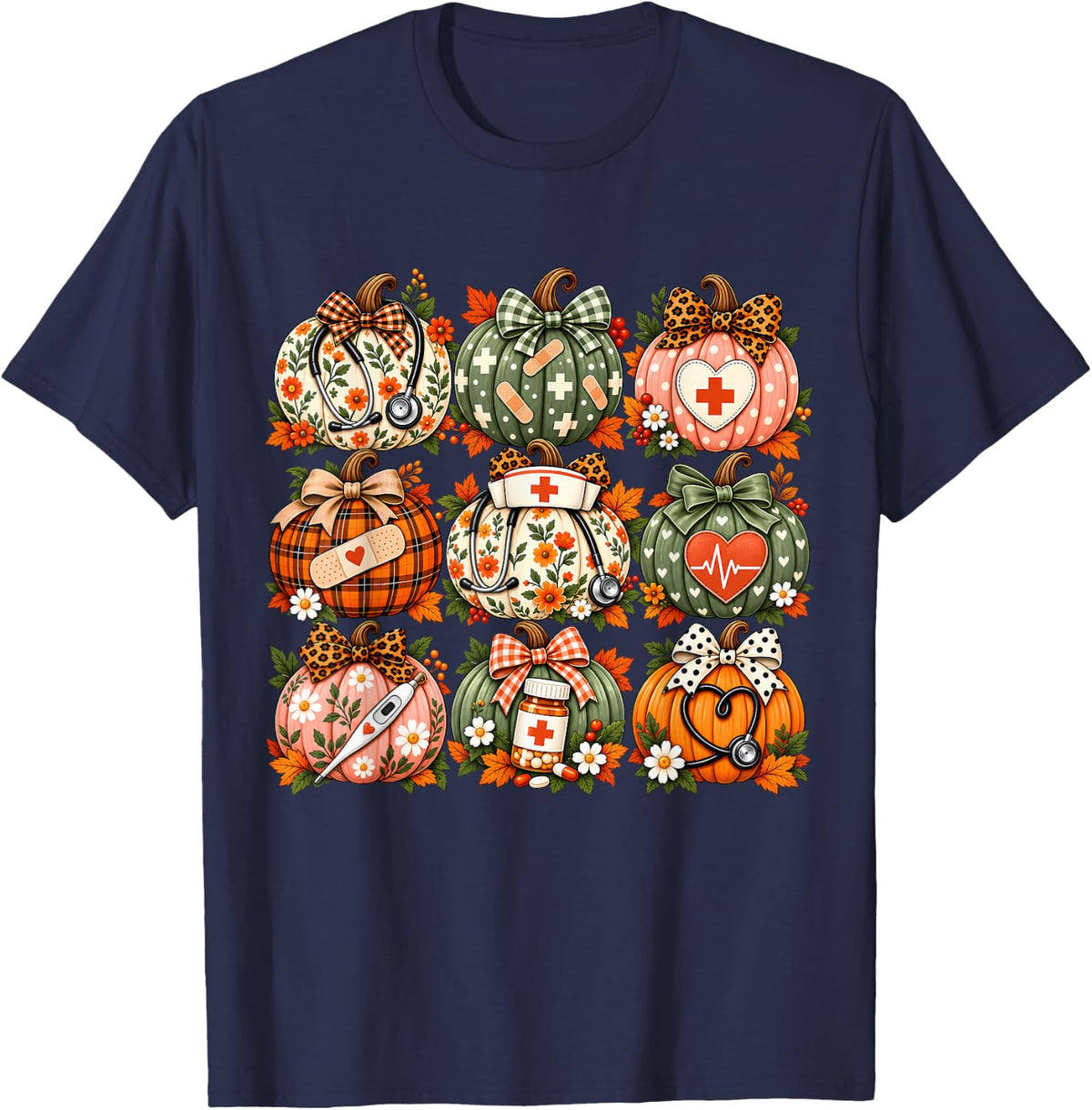 Cute Floral Medical Fall Nurse Pumpkin Thanksgiving T-Shirt - Navy Blue
