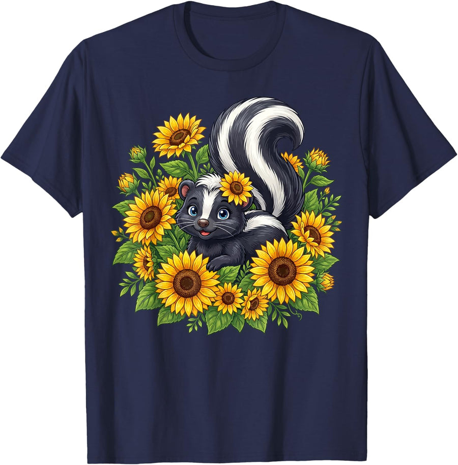 Cute Skunk Sunflower Wildlife Veterinarian Vet Student T-Shirt - Navy Blue
