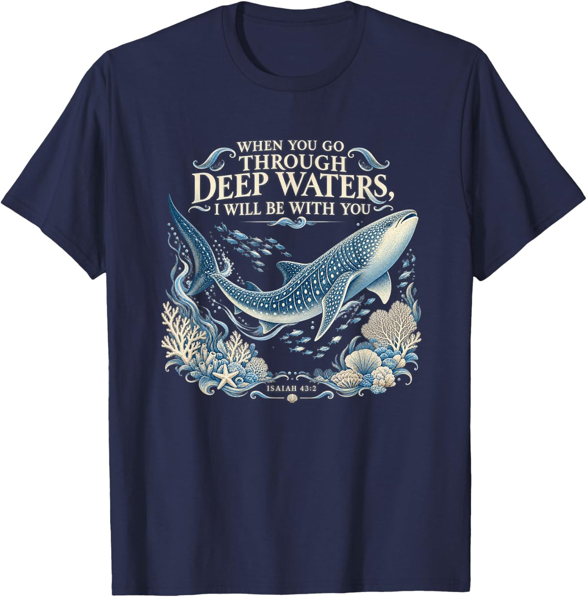 Marine Vintage Isaiah 43:2 Christian Whale Shark T-Shirt - Navy Blue