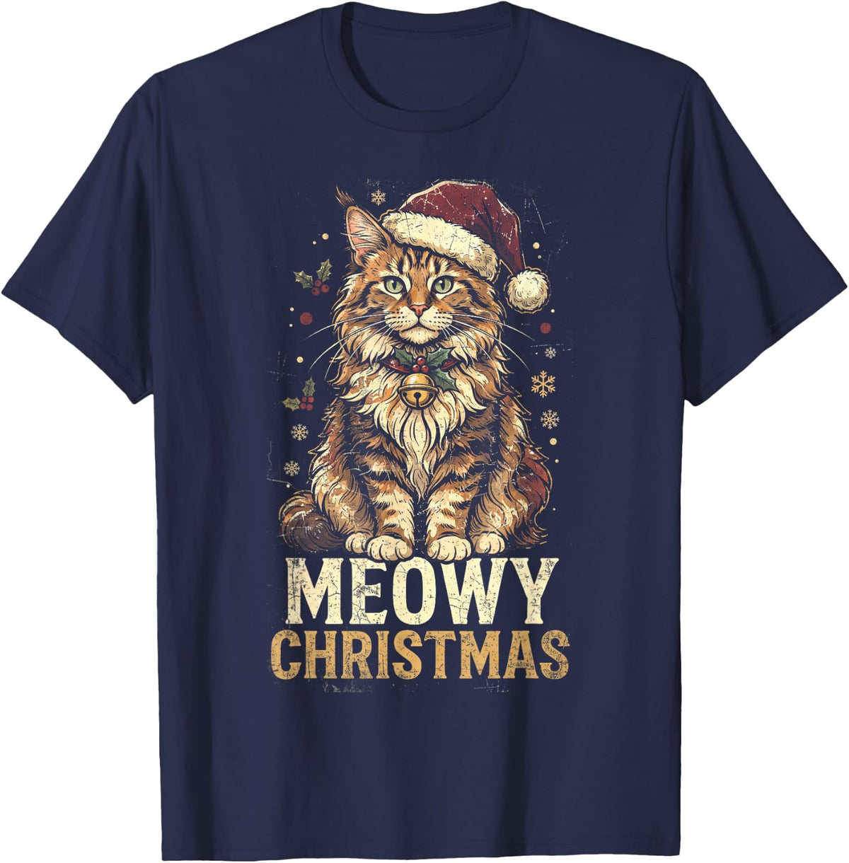 Meowy Christmas Maine Coon Cat Festive T-Shirt - Navy Blue