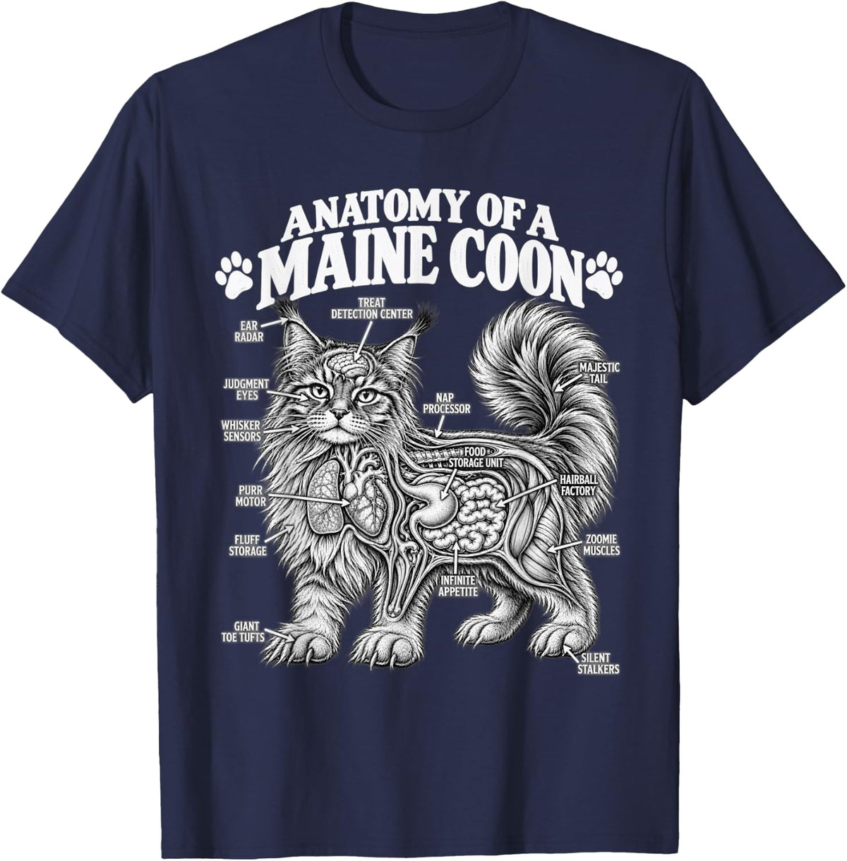 Anatomy of a Maine Coon Cat Funny Feline Lover Humor Graphic T-Shirt - Navy Blue