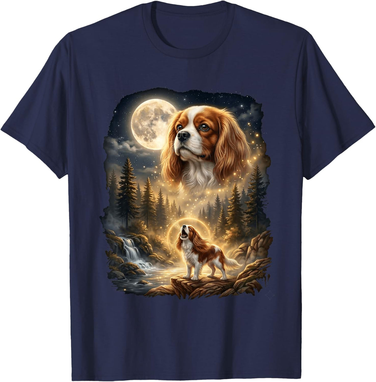 Cavalier King Charles Spaniel Howling At The Moon Retro T-Shirt - Navy Blue