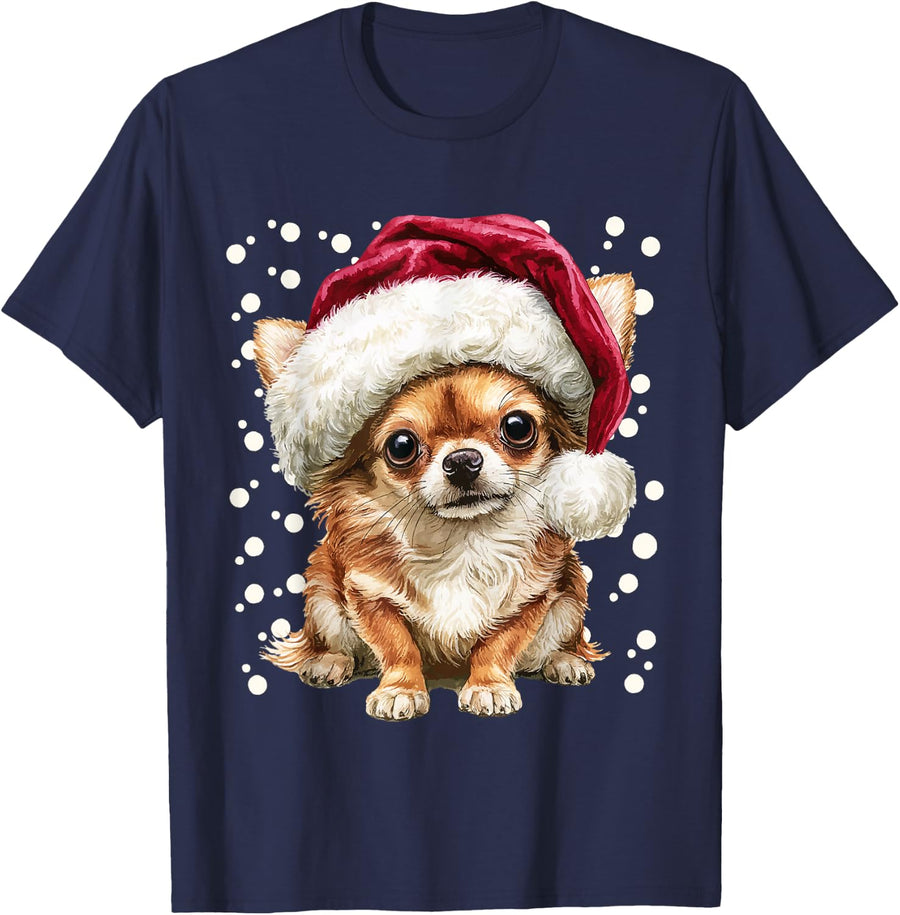 Cute Christmas Chihuahua Wearing Santa Hat Winter Dog Xmas T-Shirt - Navy Blue