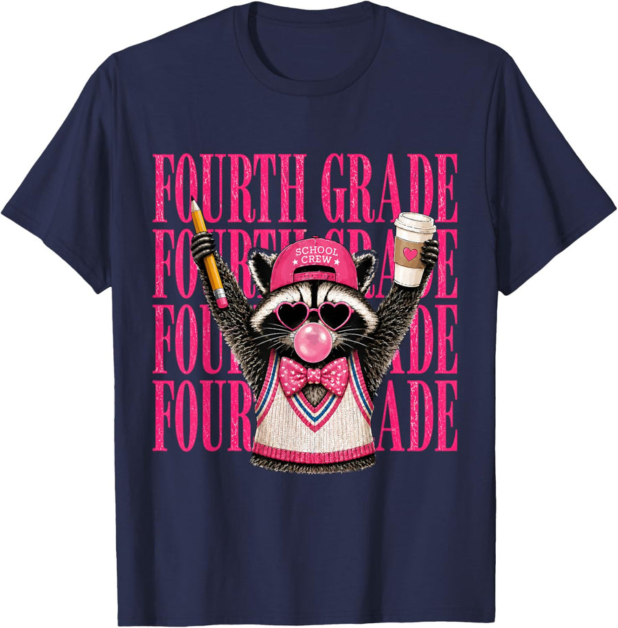 Funny Fourth Grade Teacher Feral Raccoon Back to School T-Shirt Tee for Elementary Teachers - Navy Blue