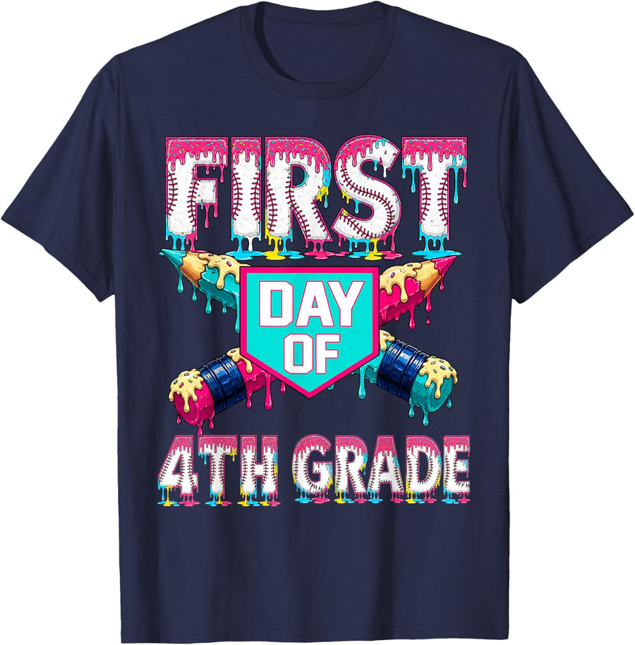 First Day School 4th Grade Fourth Drip Baseball Teacher Boy T-Shirt - Navy Blue