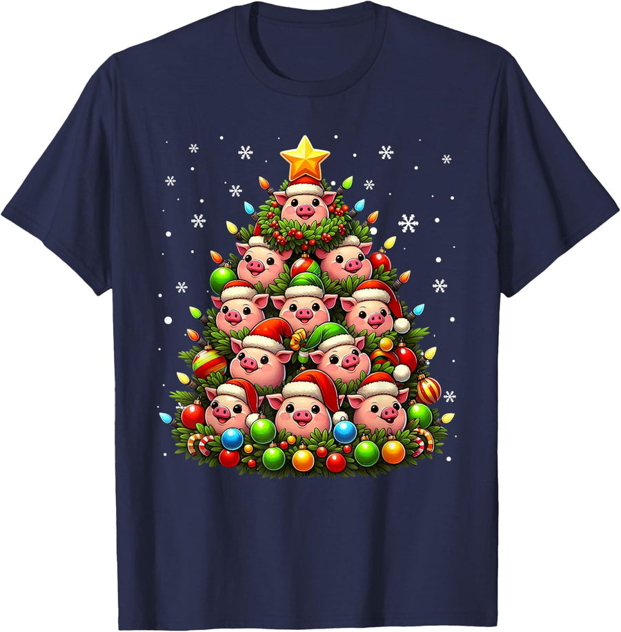 Ugly Christmas Sweater Day Funny Pig Christmas Tree Xmas T-Shirt - Navy Blue