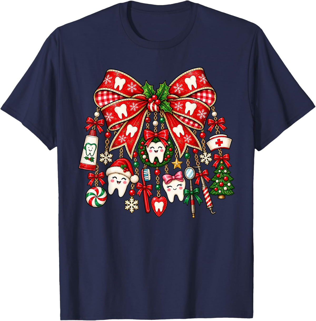 Christmas Bow Dental Assistant Holiday Dental Dentist Xmas T-Shirt - Navy Blue