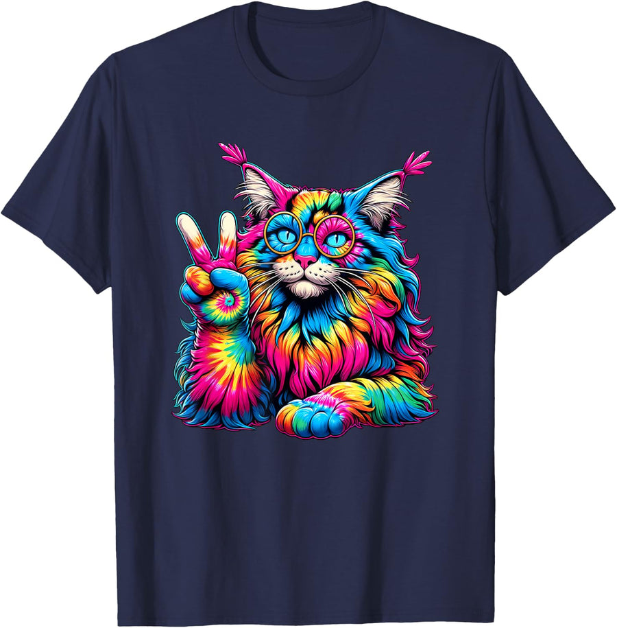 Peace Sign Tie Dye Maine Coon Cat Men Women Kids T-Shirt - Navy Blue