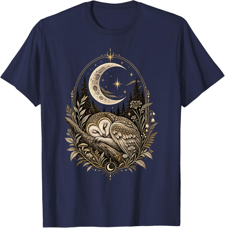 Owl Moon Art Celestial Cottagecore Nature T-Shirt - Navy Blue