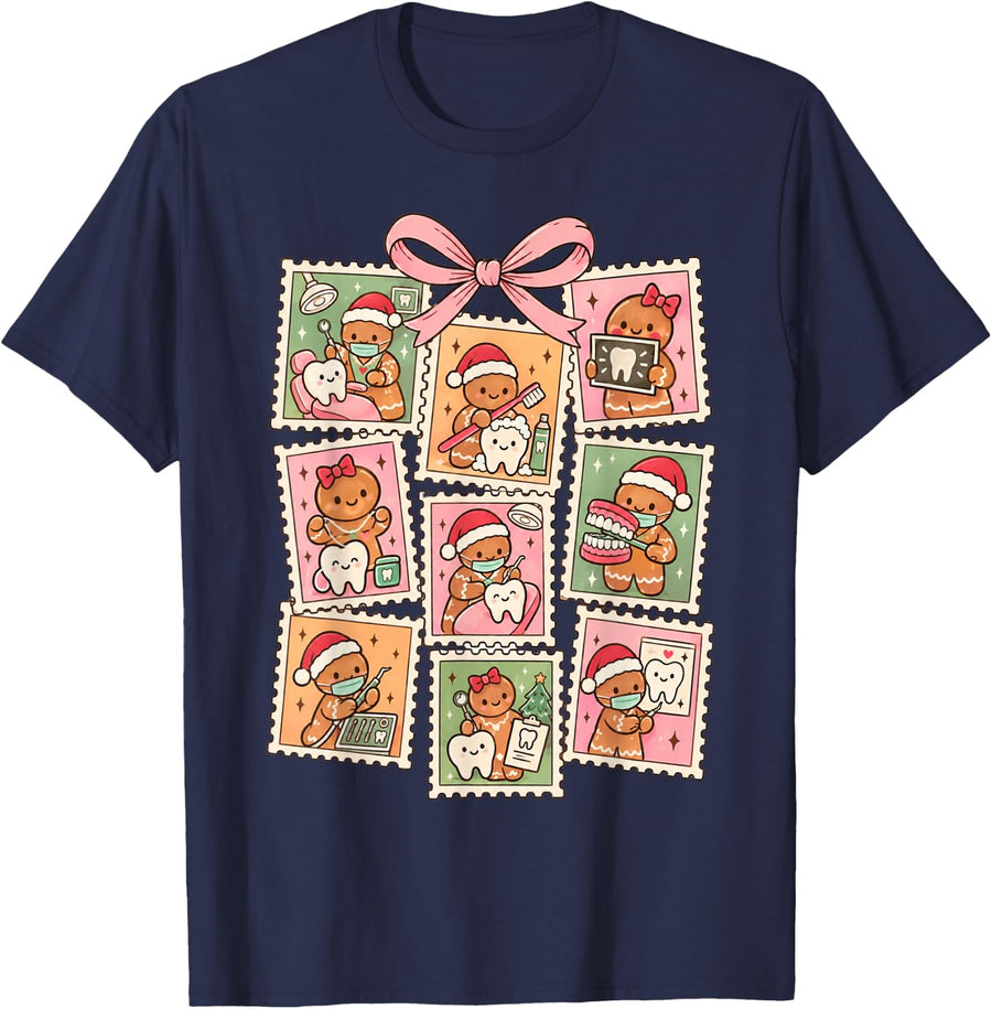 Dental Hygienist Squad RDH Christmas Gingerbread Dentist Bow T-Shirt - Navy Blue