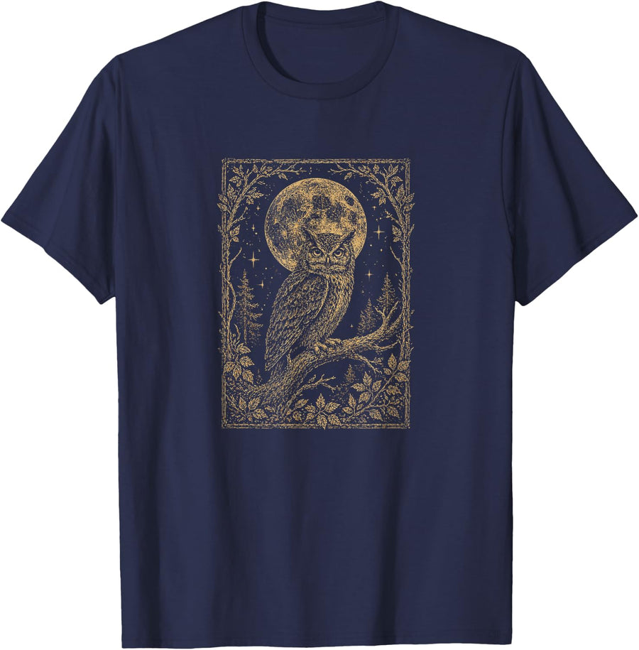 Owl Lover Full Moon Celestial Night Forest Woodland Vintage T-Shirt - Navy Blue