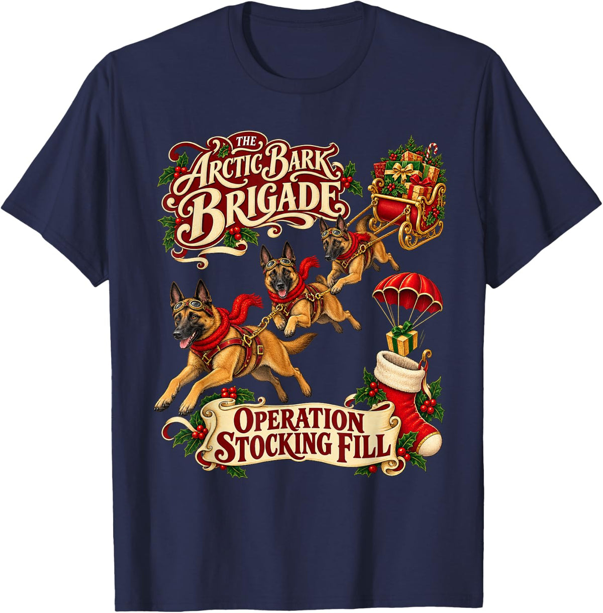 Belgian Malinois Dog Christmas Arctic Sleigh Adventure T-Shirt - Navy Blue