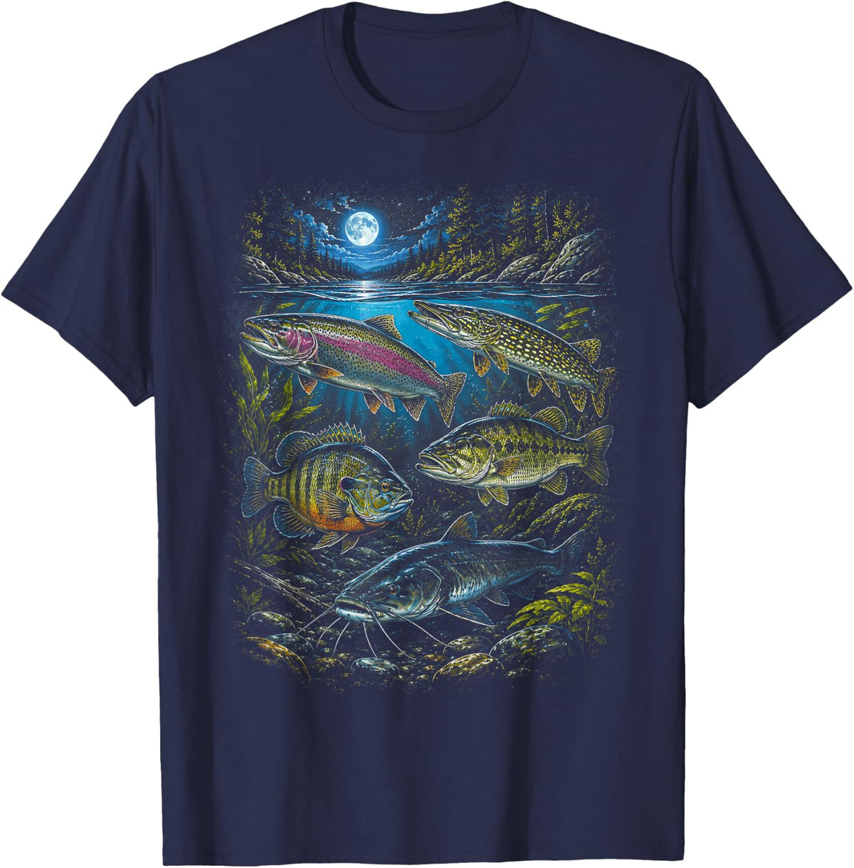 90's Vintage Freshwater Fishing Bass Trout Catfish Outdoor T-Shirt - Navy Blue