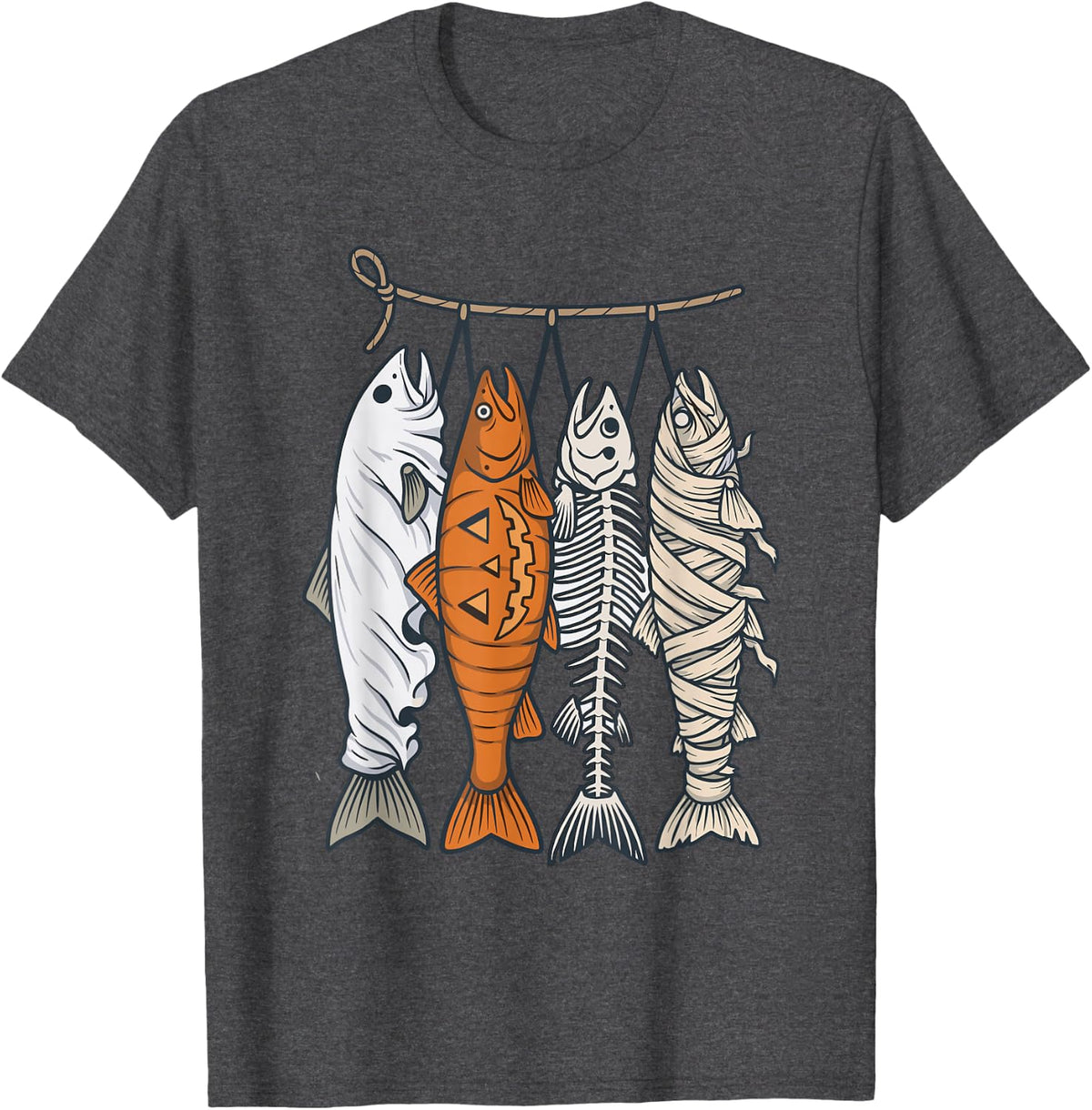 Funny Halloween Fishing Ghost Fish Skeleton Mummy Angler T-Shirt - Dark Heather Grey