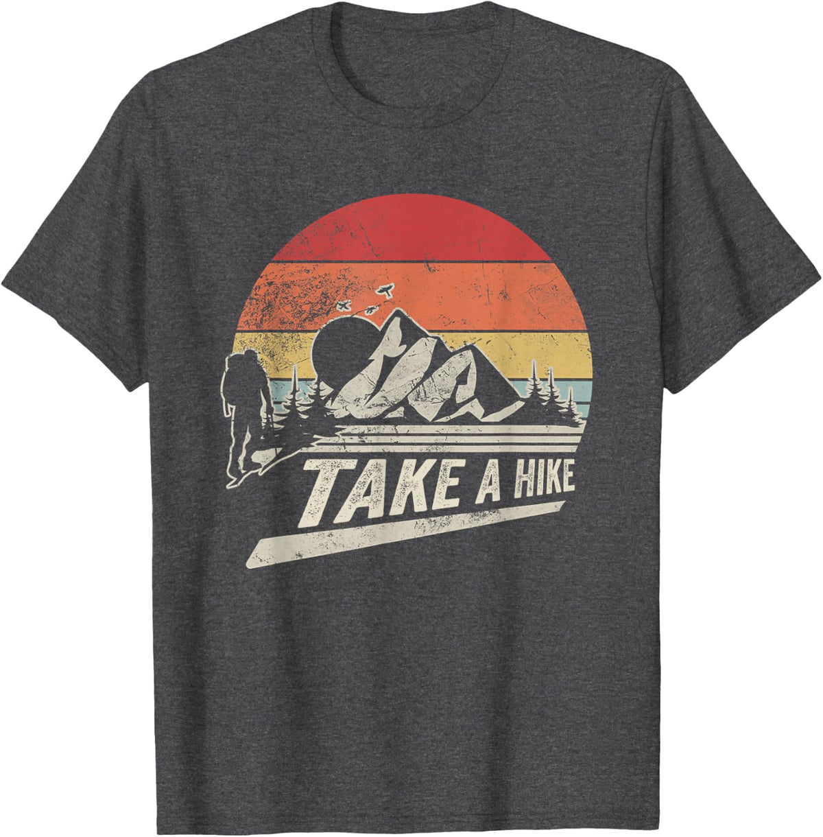 Take A Hike Retro Vintage Sunset Mountain Hiking Graphic T-Shirt - Dark Heather Grey