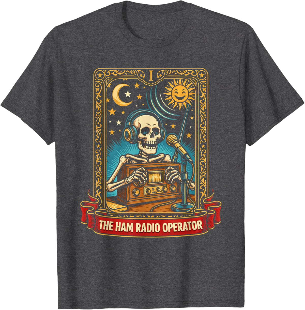 The Ham Radio Operator Skeleton Tarot Card T-Shirt - Dark Heather Grey