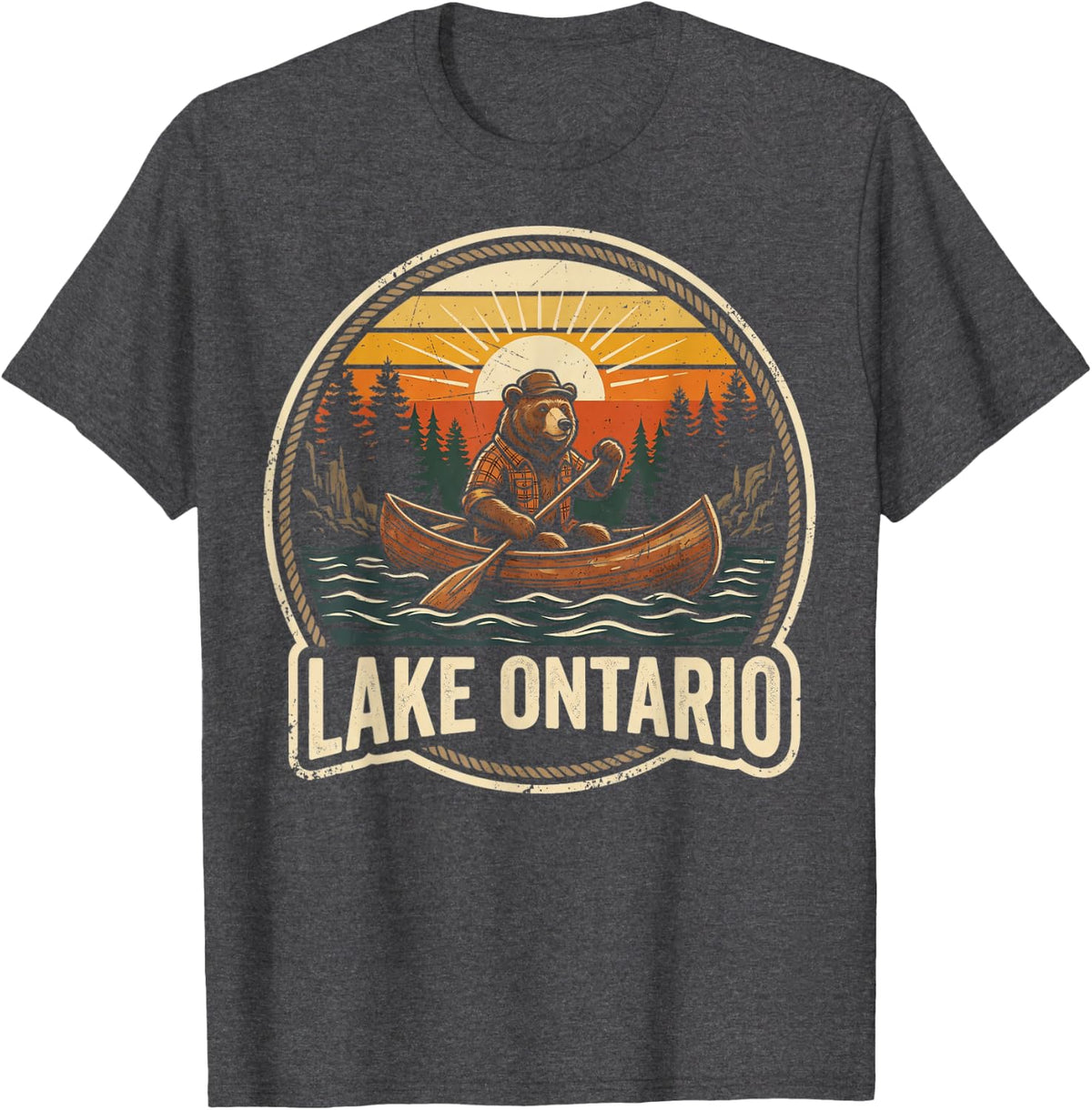 Lake Ontario Bear Canoeing Vintage Sunset T-Shirt - Dark Heather Grey