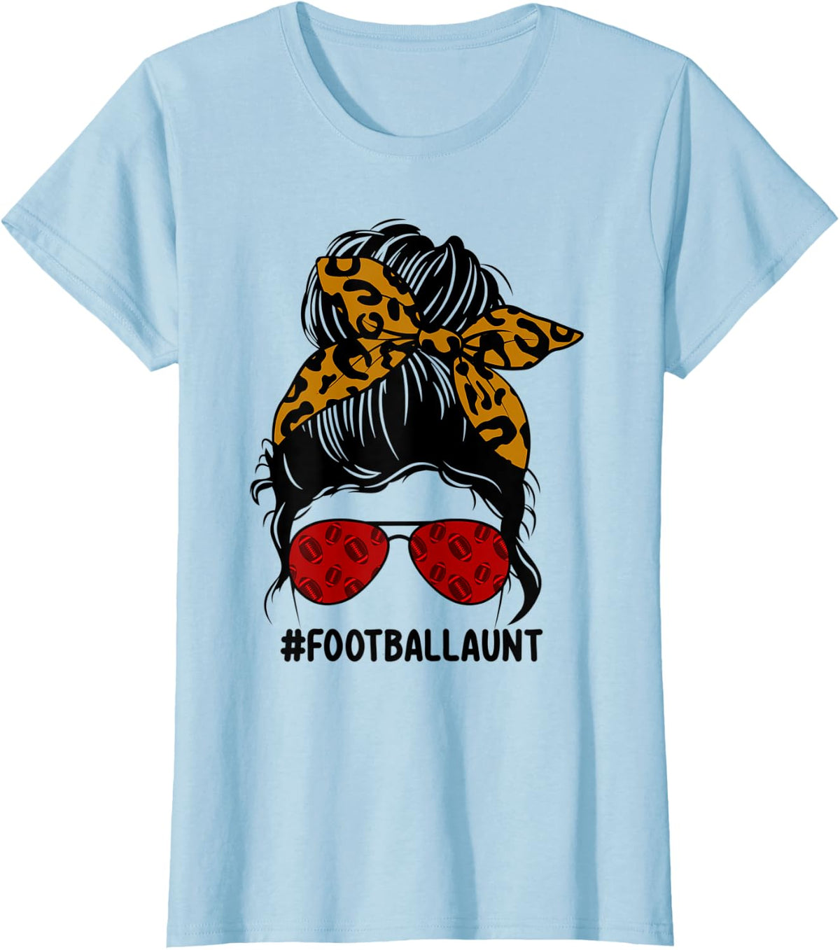 Bleached Football Aunt Leopard Print Messy Bun Hair Player T-Shirt - Baby Blue