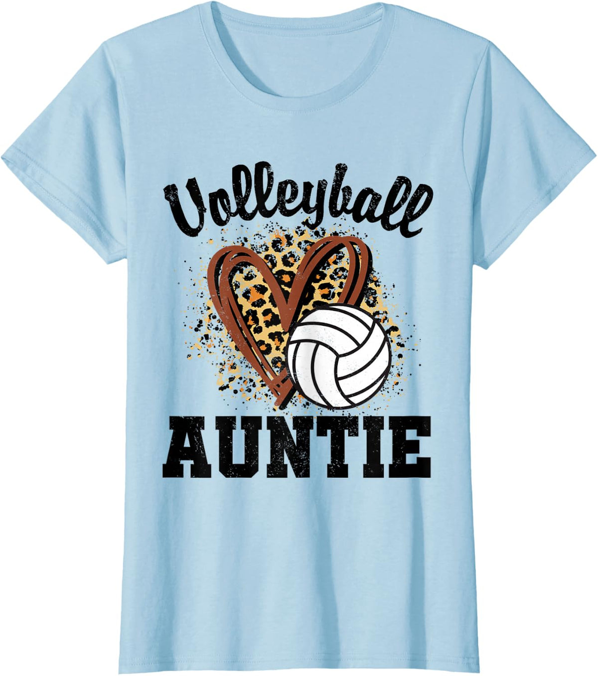 Volleyball Auntie Heart Leopard T-Shirt - Baby Blue