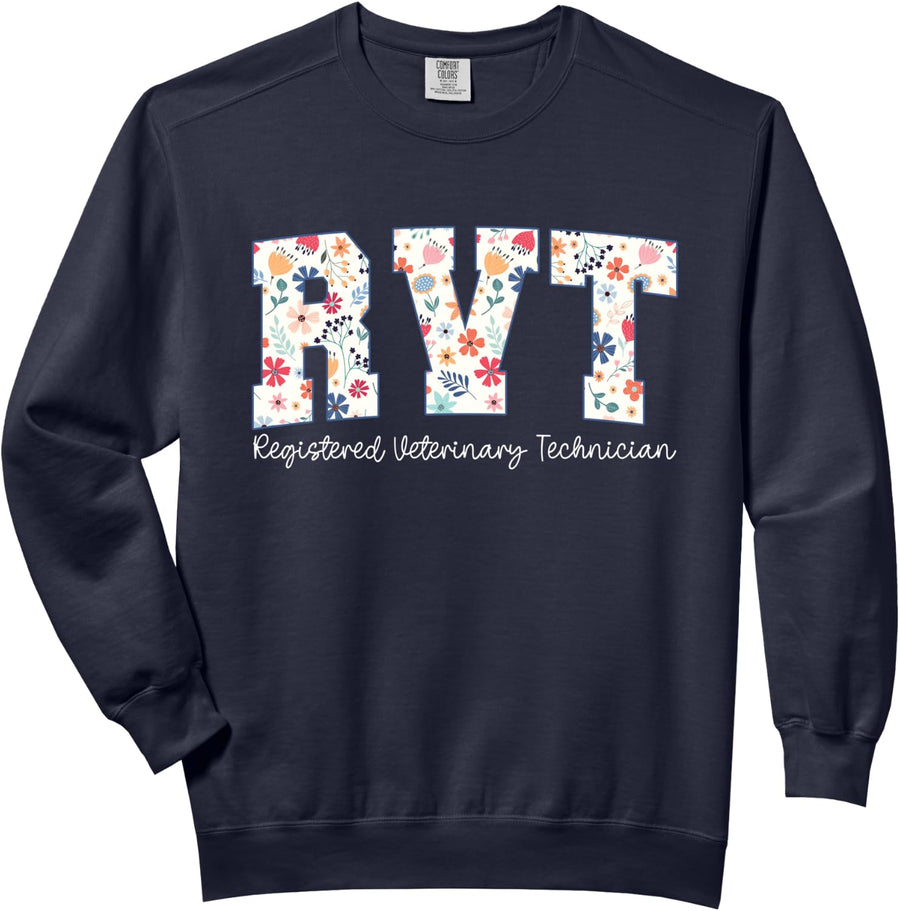 Floral Registered Veterinary Technician RVT Vet Tech Comfort Colors Adult Sweatshirt - Adult Unisex Navy