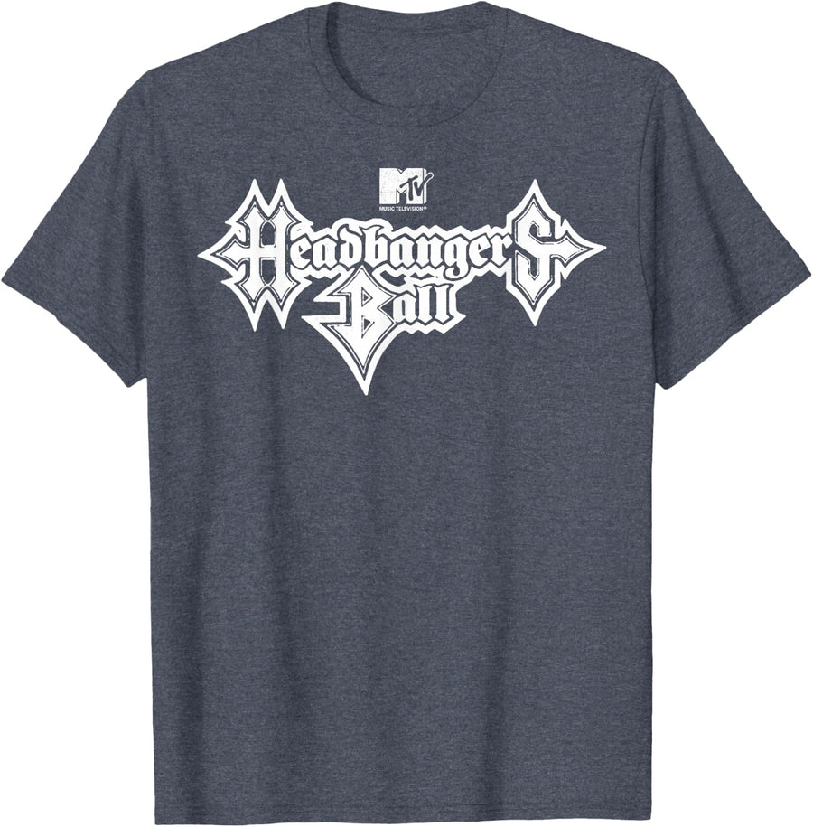 MTV Headbangers Ball: Classic Fit, Round Neck, Short Sleeve Black Metal Text T-Shirt - Heather Blue