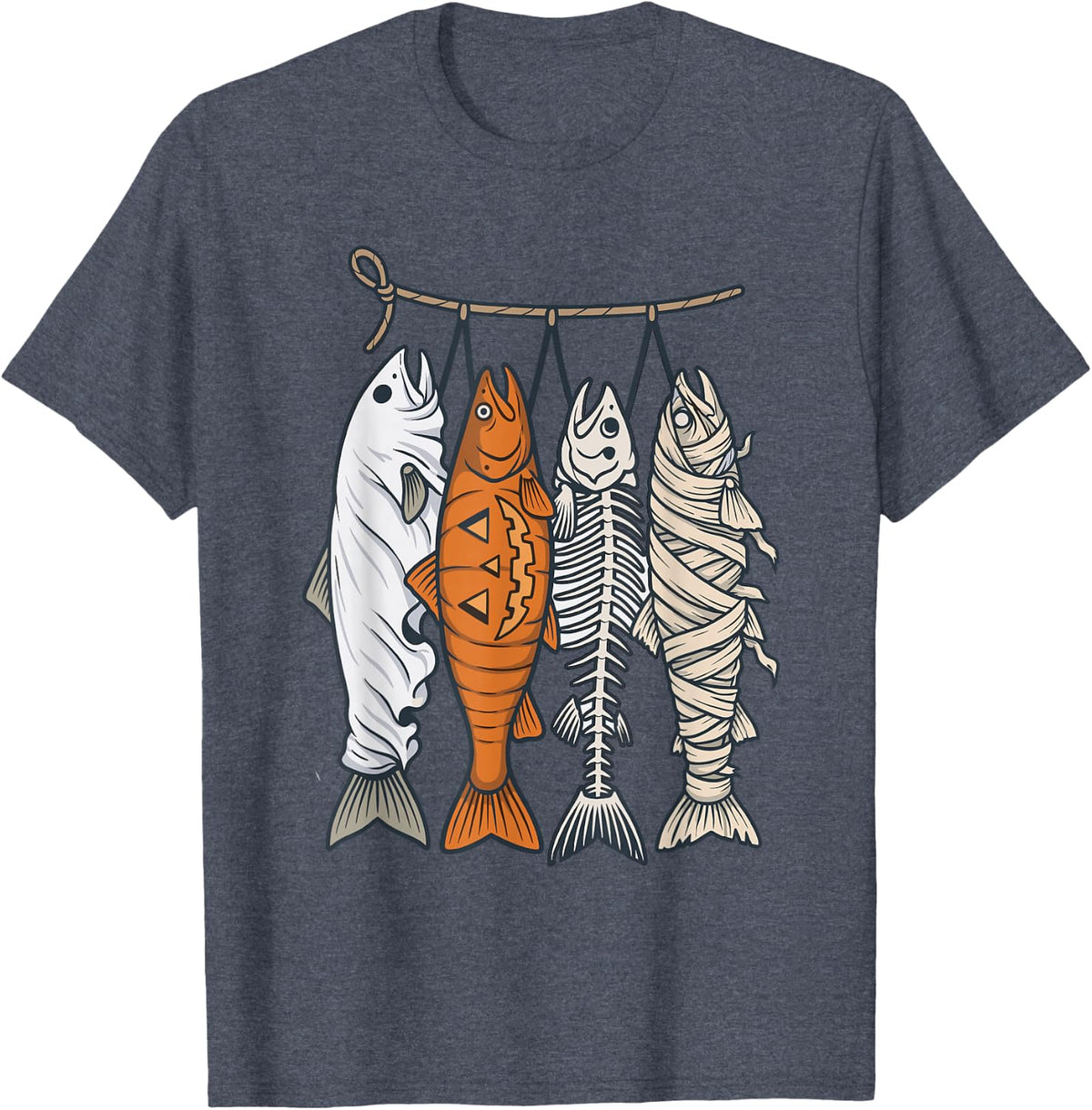 Funny Halloween Fishing Ghost Fish Skeleton Mummy Angler T-Shirt - Heather Blue