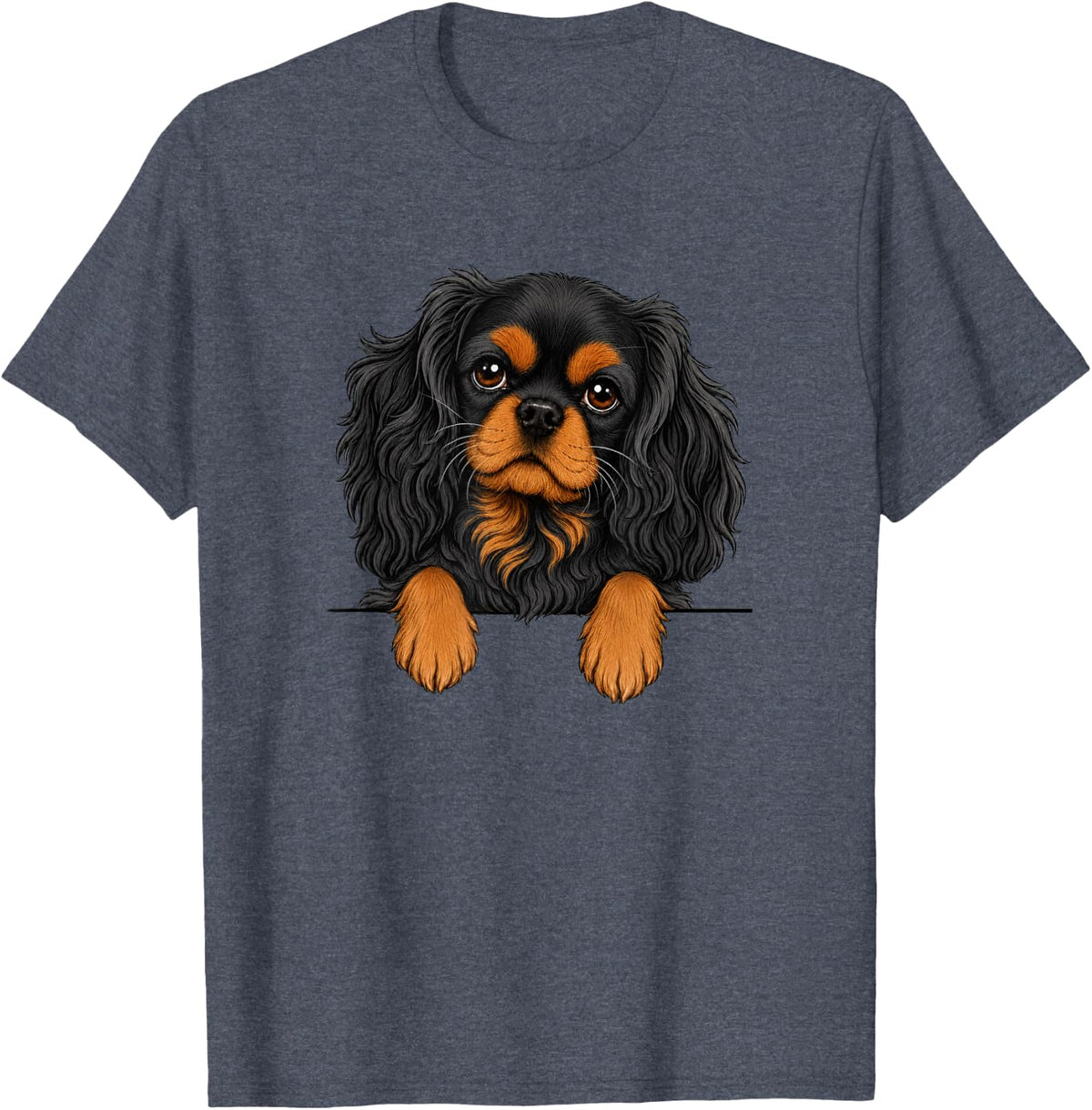 Women Black Tan Peeking Pocket Cavalier King Charles Spaniel T-Shirt - Heather Blue