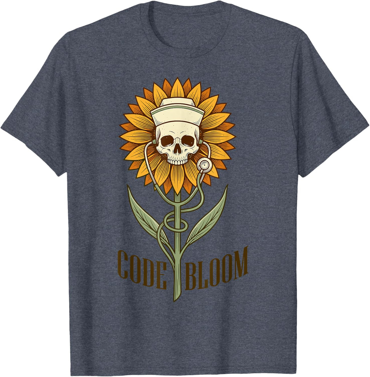 Nurse Code Bloom Funny Skull Sunflower Stethoscope Nursing T-Shirt - Heather Blue