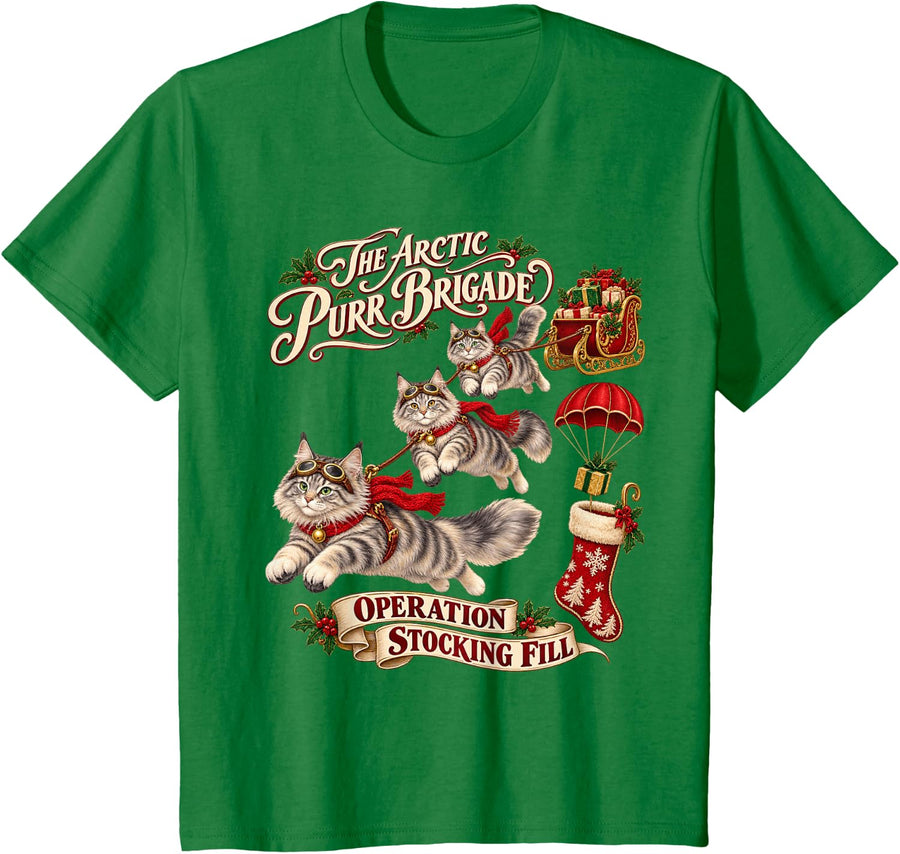 Maine Coon Cat Classic Xmas Stocking T-Shirt - Kelly Green