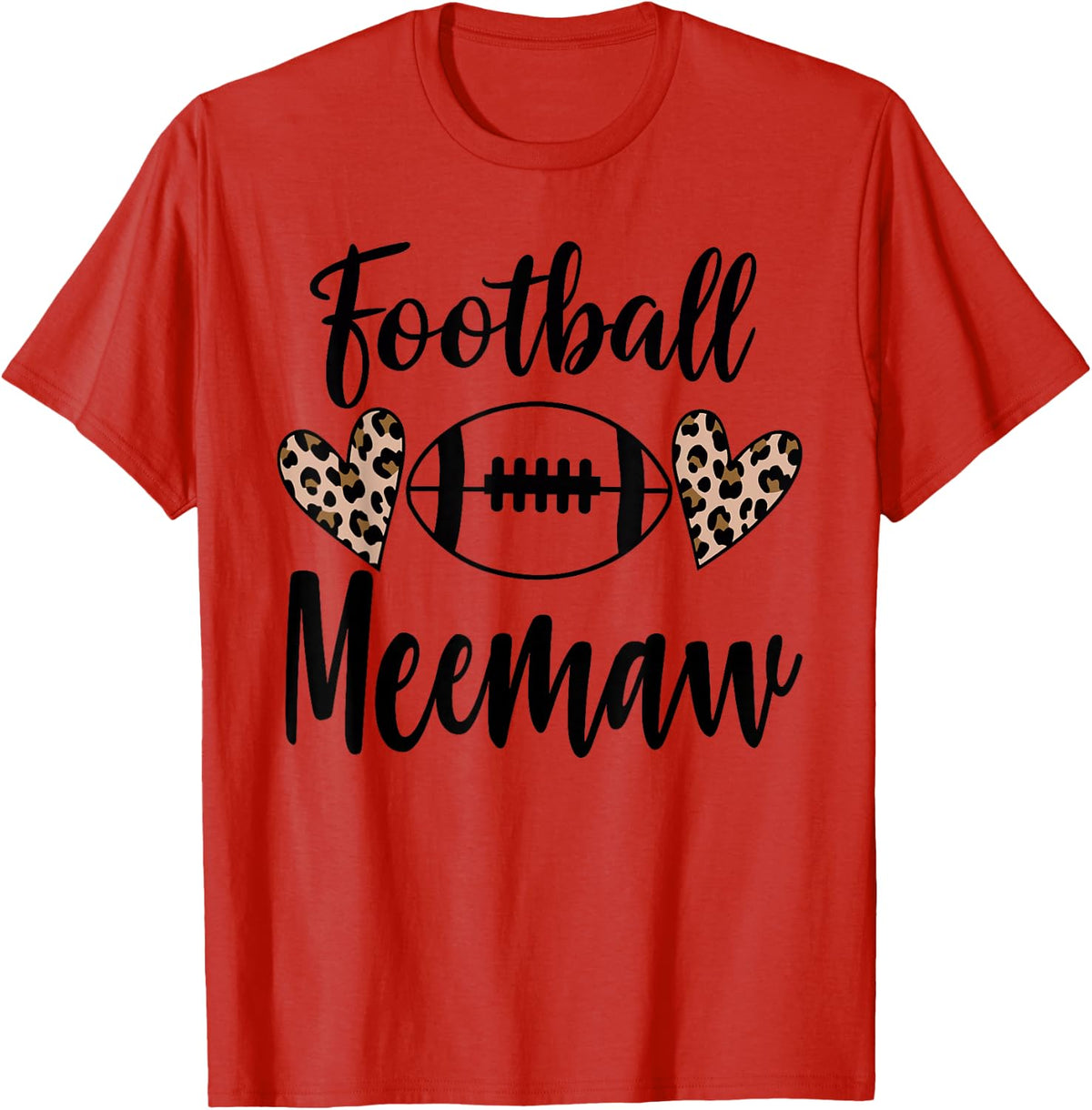 Football Meemaw Leopard Heart Football Funny T-Shirt - Red