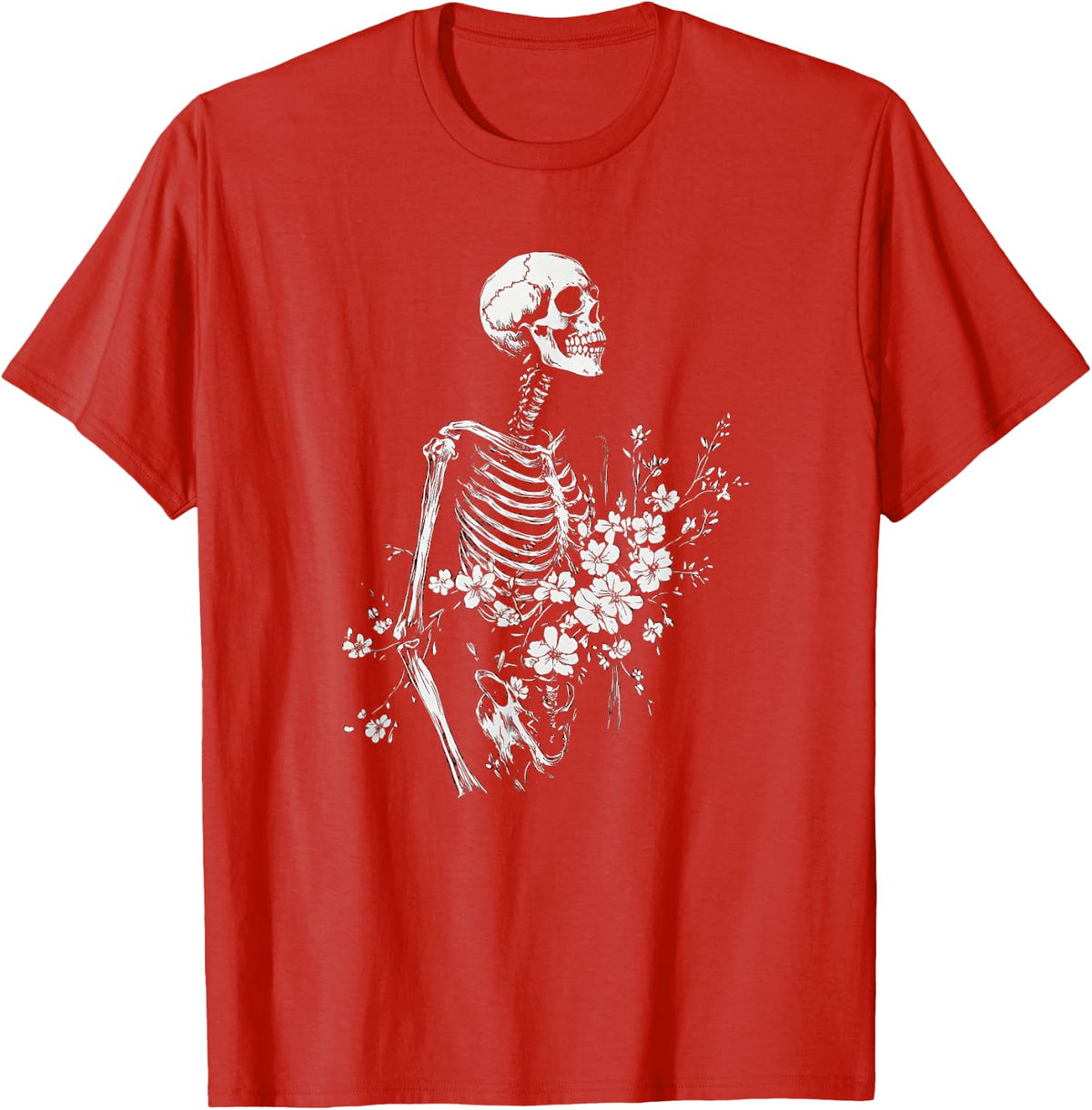 Floral Skeleton Gothic Occult Witchy Dark Creepy Design T-Shirt - Red